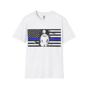 Female Police Officer Thin Blue Line Flag T-Shirt - Unisex Softstyle - Support Law Enforcement - Sizes S to 3XL