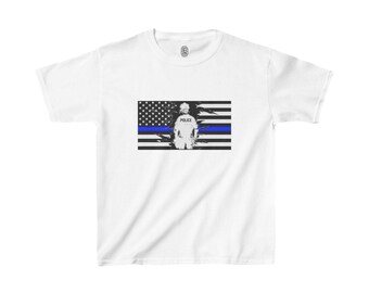 女性警察官の細い青いラインの旗の子供用ヘビーコットン™ T シャツ - 法執行機関をサポート - サイズ XS から XL