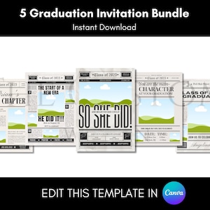 Graduation Newspaper Design Canva Editable Template Bundle, Senior Class of 2025, Newspaper Invitation Editable Pack, Senior 2025 Design