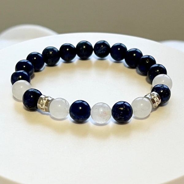 The BLUE MOON Handmade Natural Stones; Lapis and Moonstone, Beaded Stretch Healing Bracelet