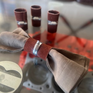 Set of 6, Suede Leather and Hose Clamp Napkin Rings