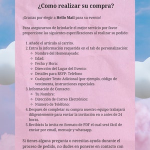 May include: A pink rectangular graphic with text in Spanish, including "&iquest;Como realizar su compra?" and "Hello Mail" in a speech bubble. The background is a blue sky with white clouds.