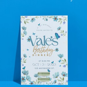 Blue Flower and Butterfly Birthday Invitation, Interactive Digital Invitation, Fancy Invitation, Birthday Party Invitation