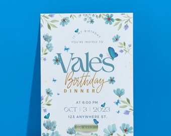 Blue Flower and Butterfly Birthday Invitation, Interactive Digital Invitation, Fancy Invitation, Birthday Party Invitation