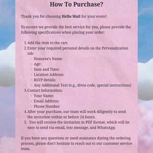 May include: A pink background with white text detailing how to purchase an item from Hello Mail. The text includes steps for ordering, such as adding an item to the cart and providing personal details.