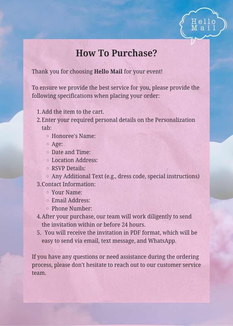 May include: A pink background with white text detailing how to purchase an item from Hello Mail. The text includes steps for ordering, such as adding an item to the cart and providing personal details.
