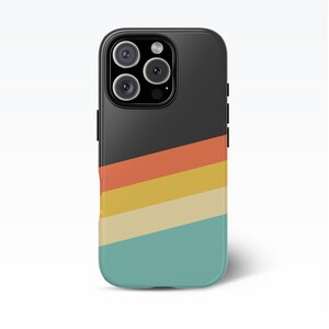 May include: Black phone case with a retro design. The case features a diagonal pattern of orange, yellow, cream, and teal stripes. The top portion of the case is black, and it has a camera module with multiple lenses.