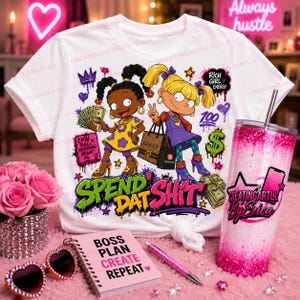May include: A white t-shirt featuring a graphic of two cartoon characters with money and shopping bags, the text "SPEND DAT SHIT", "RICH GIRL ENERGY", and "CASH RULES EVERYTHING AROUND ME". Includes a pink glitter tumbler, a pink notebook, and heart-shaped sunglasses.