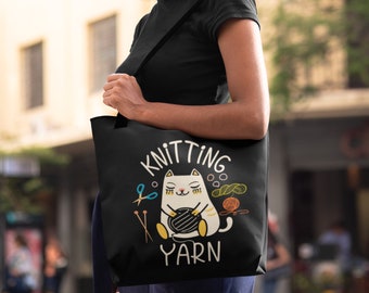 Knitting Yarn Bag Knitter Crocheting Yarn Crocheter Knit Knitting Tote Bag Cat Knitting Bag Gift for Crafters & Cat Lovers