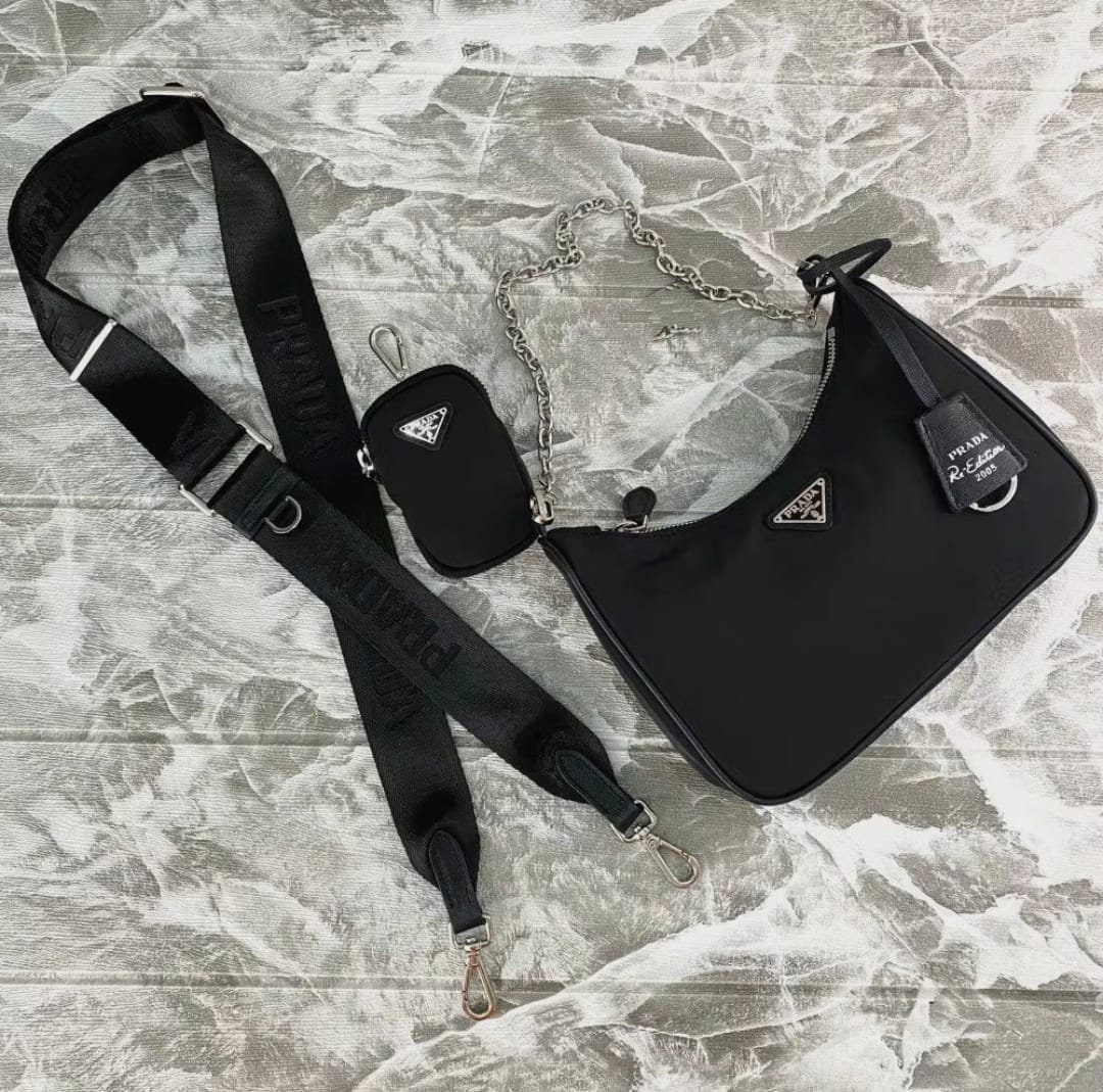 Prada Black Belt Bag Waist Bag Triangle Logo Nylon and Leather Silver –  Priscilla Posh