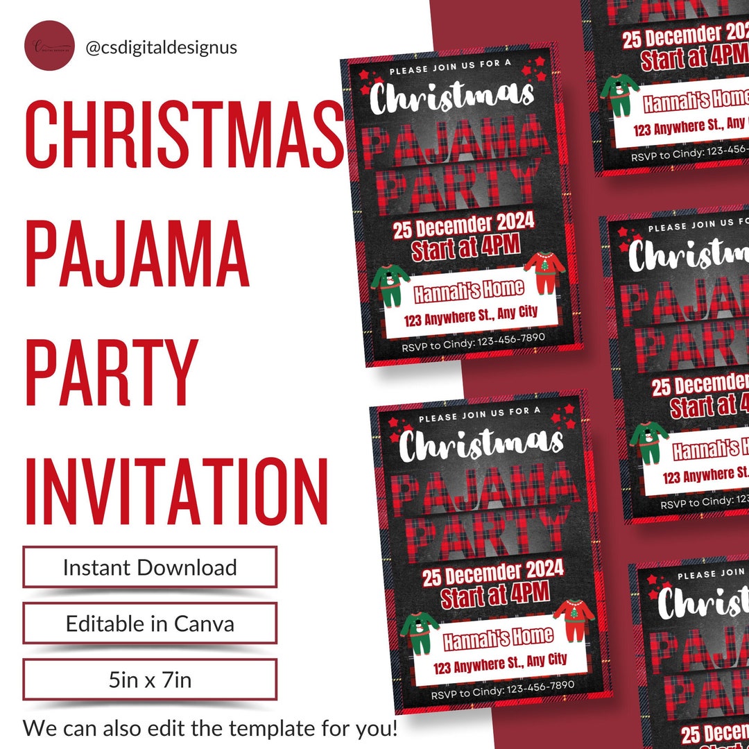Christmas Pajama Party Invitation Editable Template, Xmas Holiday