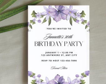 Purple Floral Birthday Invitation Template | Elegant Editable Party Invite | Canva Digital Download | Printable Birthday Card