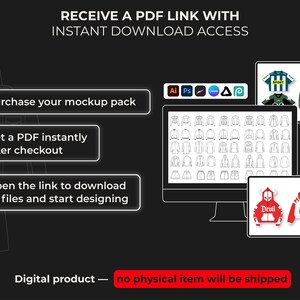 May include: Black graphic with instructions for downloading a digital product. The image shows a computer screen with various jacket designs, and two tablets displaying jacket mockups. Text includes "Purchase your mockup pack" and "Digital product".