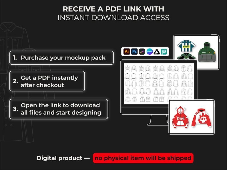 May include: Black graphic with instructions for downloading a digital product. The image shows a computer screen with various jacket designs, and two tablets displaying jacket mockups. Text includes "Purchase your mockup pack" and "Digital product".