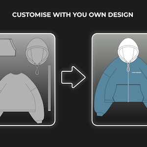 May include: Illustration of a blue hoodie with a white hood and a front pocket. The image shows the hoodie's components, including a zipper, hood, and body, with the text "CUSTOMISE WITH YOU OWN DESIGN" at the top.