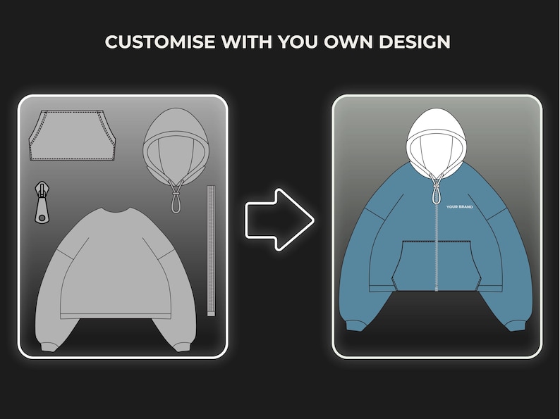 May include: Illustration of a blue hoodie with a white hood and a front pocket. The image shows the hoodie's components, including a zipper, hood, and body, with the text "CUSTOMISE WITH YOU OWN DESIGN" at the top.