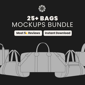 Puede incluir: Ilustración gráfica de varios diseños de bolsos, incluyendo bolsos de mano y bolsas de deporte, sobre un fondo negro. El texto dice "25+ BAGS MOCKUPS BUNDLE", con "Most 5 Reviews" y "Instant Download".