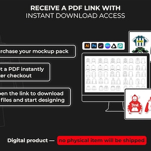 May include: Black graphic with instructions for downloading a digital product. The image shows a computer screen with various clothing designs, and two tablets displaying clothing mockups. Text includes "Purchase your mockup pack," and "Digital product."