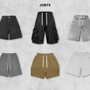 May include: An assortment of six pairs of shorts in various colors and styles. The shorts include denim, cargo, and drawstring designs. Colors range from black and gray to olive and white. The word "JORTS" is printed at the top of the image.