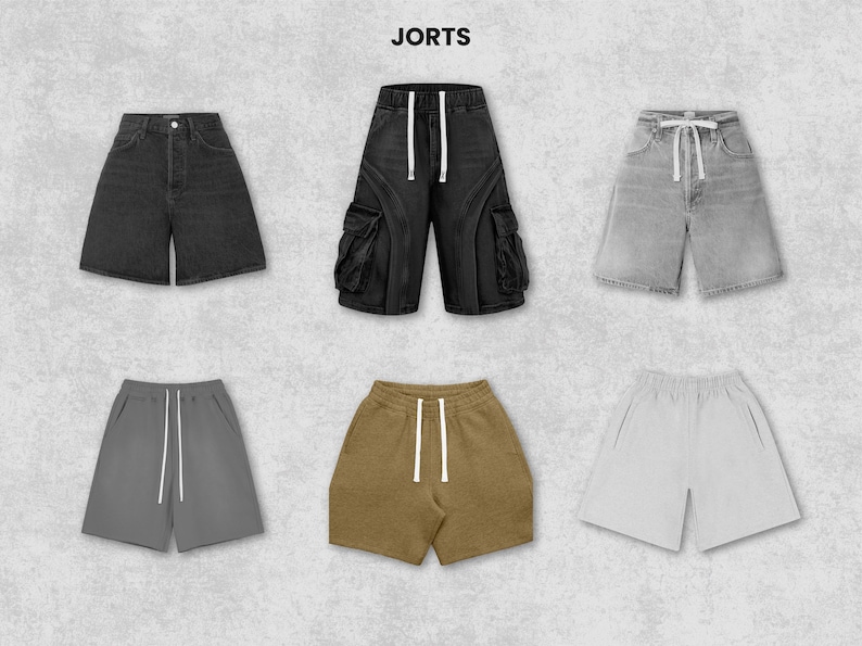 May include: An assortment of six pairs of shorts in various colors and styles. The shorts include denim, cargo, and drawstring designs. Colors range from black and gray to olive and white. The word "JORTS" is printed at the top of the image.