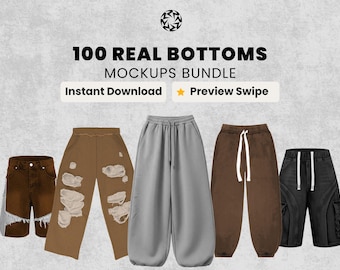 Realistic Bottoms Mockups Bundle | 100 Streetwear Sweatpants, jeans, jorts and shorts Clothing Mockup pack  | Front View