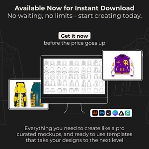 May include: A digital mockup design advertisement featuring a computer monitor displaying various jacket designs. Two tablets show a yellow jacket and blue pants design, and a purple varsity jacket. Text reads "Available Now for Instant Download".