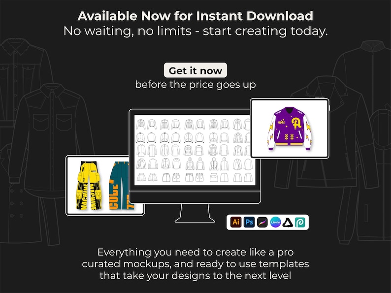 May include: A digital mockup design advertisement featuring a computer monitor displaying various jacket designs. Two tablets show a yellow jacket and blue pants design, and a purple varsity jacket. Text reads "Available Now for Instant Download".