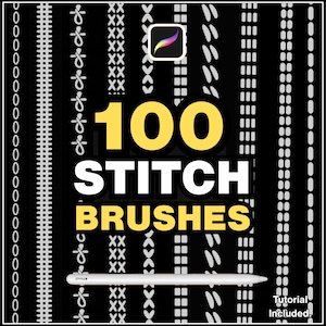 Op de afbeelding: Zwarte achtergrond met witte stikselpatronen. De tekst "100 STITCH BRUSHES" is in geel en wit. Een witte stylus en het Procreate app-logo zijn ook zichtbaar. Tutorial inbegrepen.