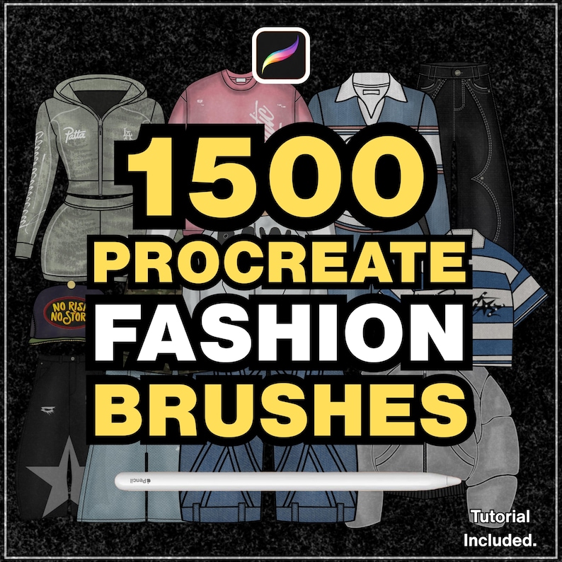 May include: Digital art illustration of various fashion items, including a tracksuit, t-shirts, and jeans. The image features the text "1500 Procreate Fashion Brushes" and a Procreate app logo. A stylus is also present.