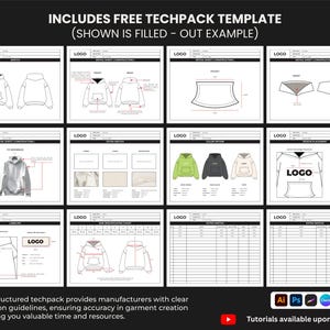 May include: A techpack template with detailed diagrams and specifications for garment design. Includes sections for construction, sketches, colour options, and size charts. Text includes "INCLUDES FREE TECHPACK TEMPLATE" and "Tutorials available upon request."