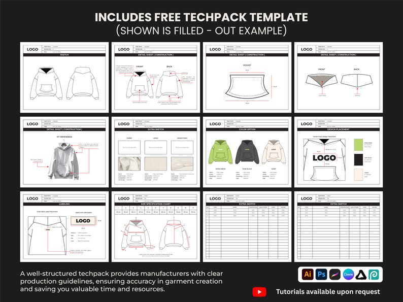 May include: A techpack template with detailed diagrams and specifications for garment design. Includes sections for construction, sketches, colour options, and size charts. Text includes "INCLUDES FREE TECHPACK TEMPLATE" and "Tutorials available upon request."