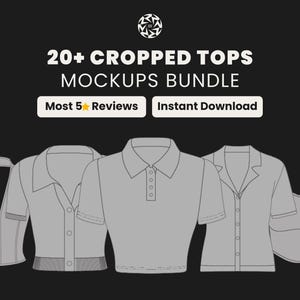 May include: A dark background with the text "20+ CROPPED TOPS MOCKUPS BUNDLE". Below the text are five grey cropped top designs. The text "Most 5 Reviews" and "Instant Download" are in white boxes.