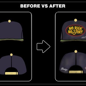 K&ouml;nnte beinhalten: Marineblaue Baseballkappe mit goldenem Knopf und gr&uuml;nem Schirm. Auf der Kappe steht der Text "NO RISK NO STORY" in Rot und Gelb. Auf der R&uuml;ckseite der Kappe befindet sich das Wort "Brooklyn" und ein Spielkarten-Design.