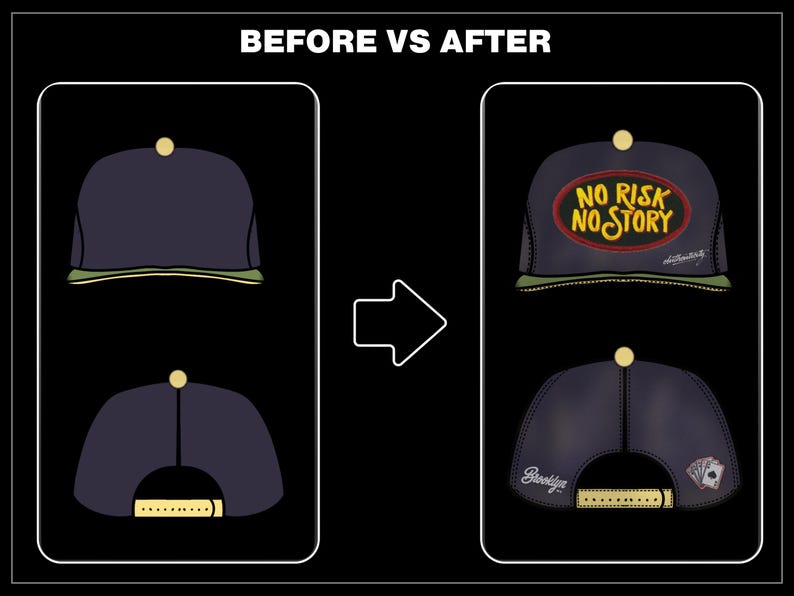 K&ouml;nnte beinhalten: Marineblaue Baseballkappe mit goldenem Knopf und gr&uuml;nem Schirm. Auf der Kappe steht der Text "NO RISK NO STORY" in Rot und Gelb. Auf der R&uuml;ckseite der Kappe befindet sich das Wort "Brooklyn" und ein Spielkarten-Design.