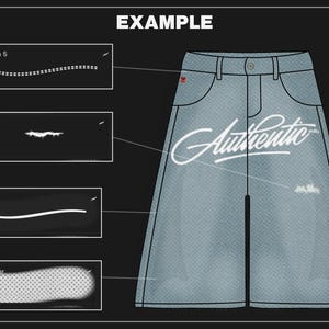 May include: Light blue denim shorts with the word "Authentic" in white script. The design includes details of stitching, rips, and fabric composition. The word "EXAMPLE" is at the top of the image.