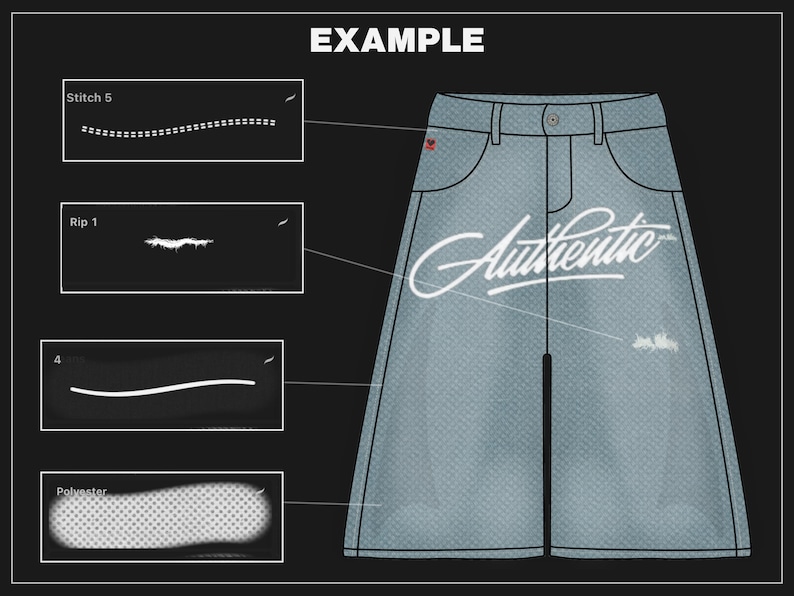 May include: Light blue denim shorts with the word "Authentic" in white script. The design includes details of stitching, rips, and fabric composition. The word "EXAMPLE" is at the top of the image.