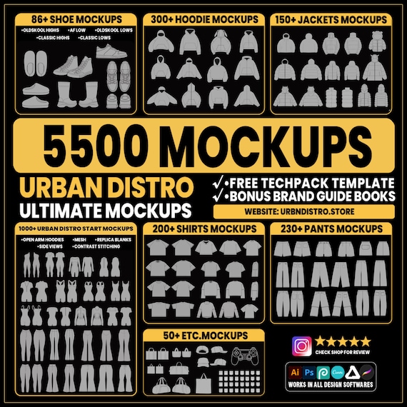 5500+ Streetwear Clothing Mockups and Tech Pack Vector Templates pack for Fashion Brand Design Illustrator Photoshop Procreate AI PNG SVG
