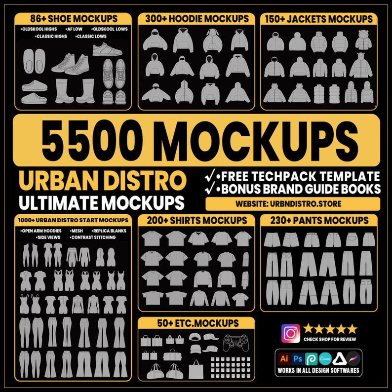 5500+ Streetwear Clothing Mockups and Tech Pack Vector Templates pack for Fashion Brand Design Illustrator Photoshop Procreate AI PNG SVG image 1
