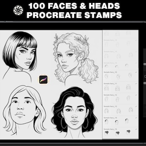 Può includere: Un tablet digitale mostra timbri Procreate di 100 volti e teste. Lo schermo mostra quattro illustrazioni dettagliate in bianco e nero di volti femminili, un'icona dell'app Procreate e una penna. Il testo "100 FACES & HEADS PROCREATE STAMPS" è in alto.