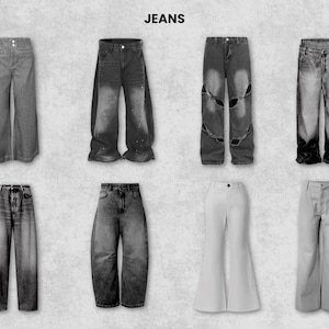 May include: A collection of eight pairs of jeans in various styles, displayed against a light gray background. The jeans range in color from light to dark gray and include wide-leg, distressed, and flared designs. The word "JEANS" is printed in bold, black letters at the top.