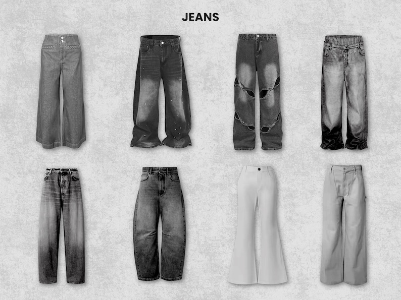 May include: A collection of eight pairs of jeans in various styles, displayed against a light gray background. The jeans range in color from light to dark gray and include wide-leg, distressed, and flared designs. The word "JEANS" is printed in bold, black letters at the top.
