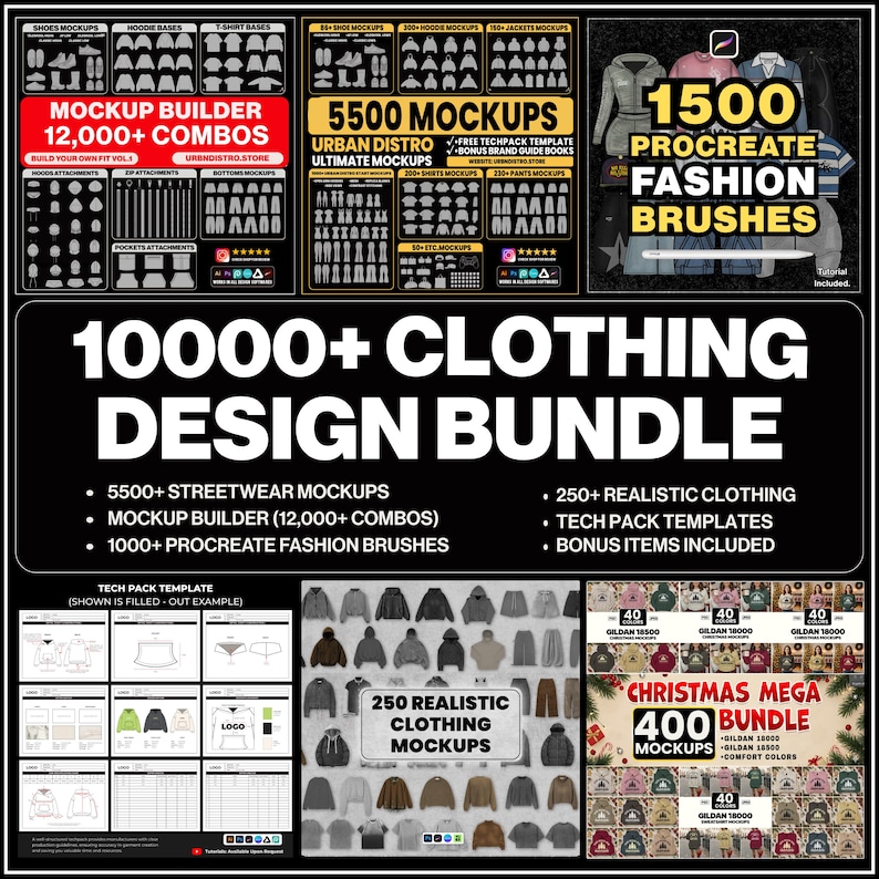 May include: A promotional image for a clothing design bundle. The image features various mockups, including shoes, hoodies, and t-shirts. Text includes "Mockup Builder 12,000+ Combos", "5500 Mockups", and "1500 Procreate Fashion Brushes". The bundle includes streetwear mockups, tech pack templates, and bonus items.