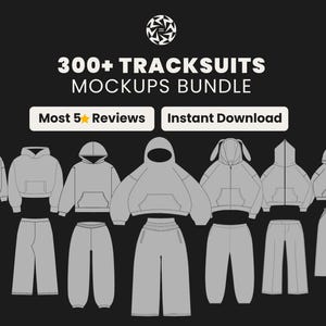 Op de afbeelding: Een grafische illustratie van verschillende grijze trainingspakken, waaronder hoodies en joggingbroeken, gerangschikt in een rij. De afbeelding bevat de tekst "300+ Tracksuits Mockups Bundle", "Most 5 Reviews" en "Instant Download" op een zwarte achtergrond.