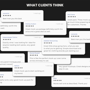 May include: Image featuring customer reviews on a dark backdrop. White rectangular cards display feedback with star ratings and text. The words "WHAT CLIENTS THINK" are at the top.