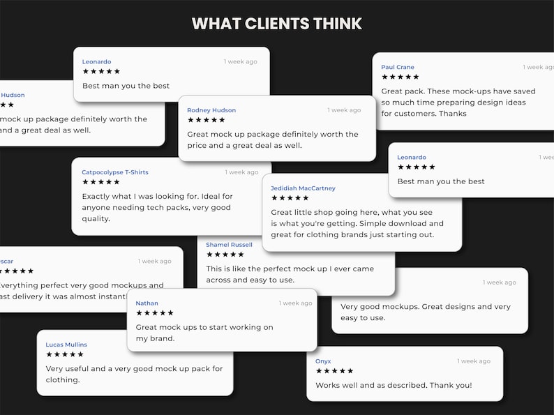 May include: Image featuring customer reviews on a dark backdrop. White rectangular cards display feedback with star ratings and text. The words "WHAT CLIENTS THINK" are at the top.