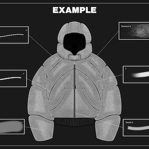 May include: A technical illustration of a gray puffer jacket with a hood and a front pocket. The word "EXAMPLE" is at the top. Detail boxes show stitch, fabric, and texture examples. The jacket design is centered on a black background.
