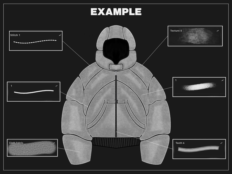 May include: A technical illustration of a gray puffer jacket with a hood and a front pocket. The word "EXAMPLE" is at the top. Detail boxes show stitch, fabric, and texture examples. The jacket design is centered on a black background.