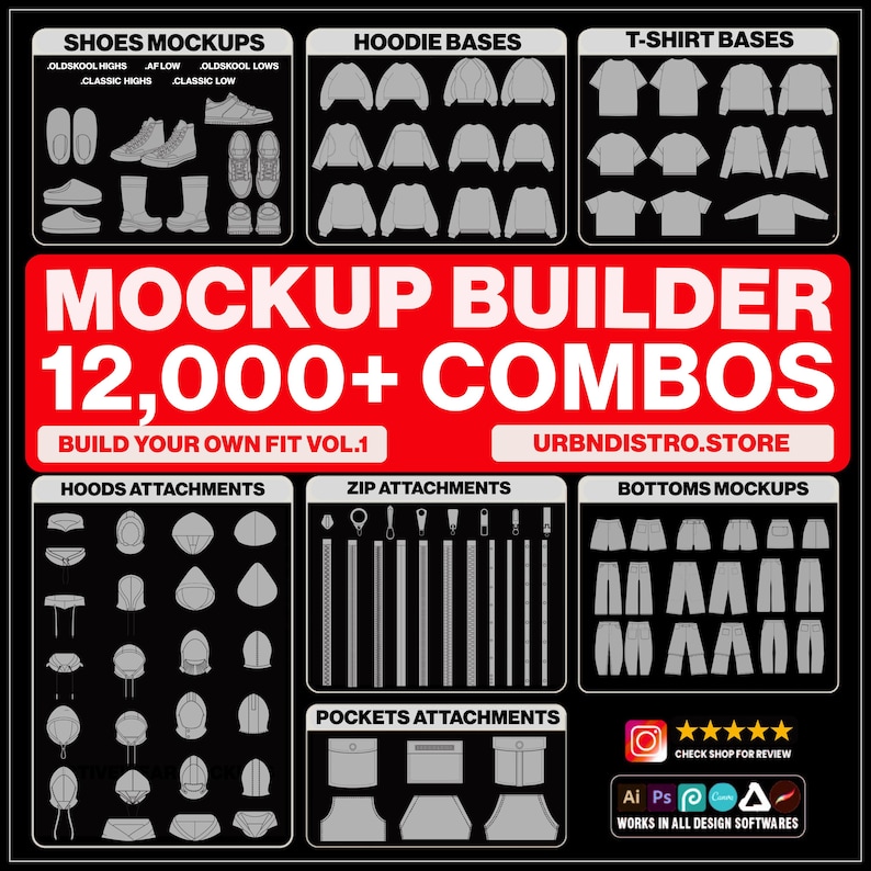 May include: A digital mockup builder graphic with various clothing and shoe templates. Includes hoodie, t-shirt, and bottom bases, along with attachments like hoods, zippers, and pockets. The text reads "MOCKUP BUILDER 12,000+ COMBOS".