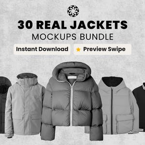 May include: An image showcasing a mockup bundle of 30 jackets. The jackets are in various styles and colors, including black, gray, and a black and white varsity jacket. Text on the image reads "30 REAL JACKETS MOCKUPS BUNDLE" and "Instant Download".