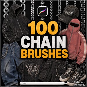 May include: A digital collection of 100 chain brushes for Procreate featuring a black acid-wash hoodie, a red zip-up hoodie, a black graphic t-shirt, blue jeans, black cargo shorts, a black baseball cap, and high-top sneakers with chains.
